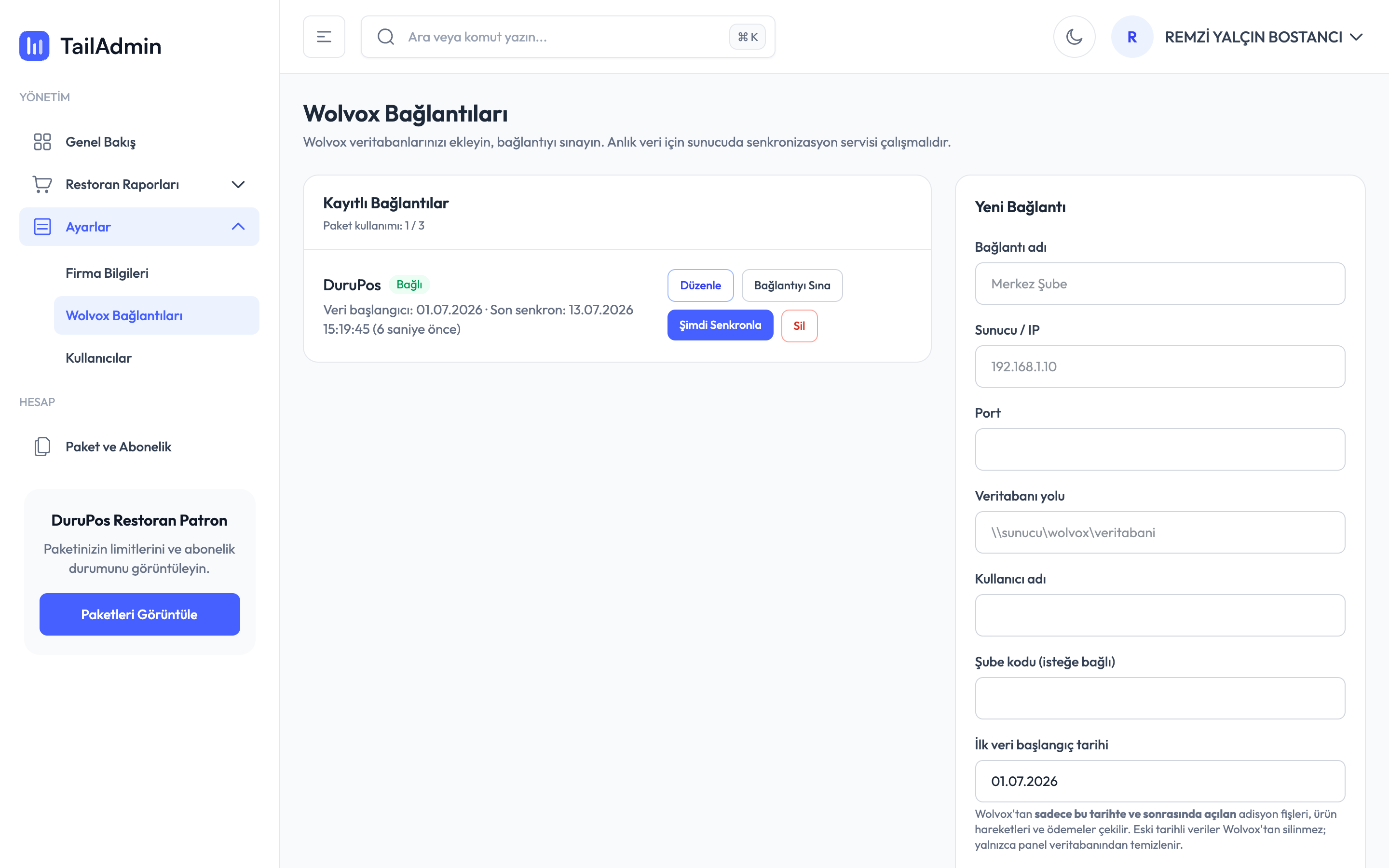 Wolvox bağlantı yönetimi — DuruPos paneli